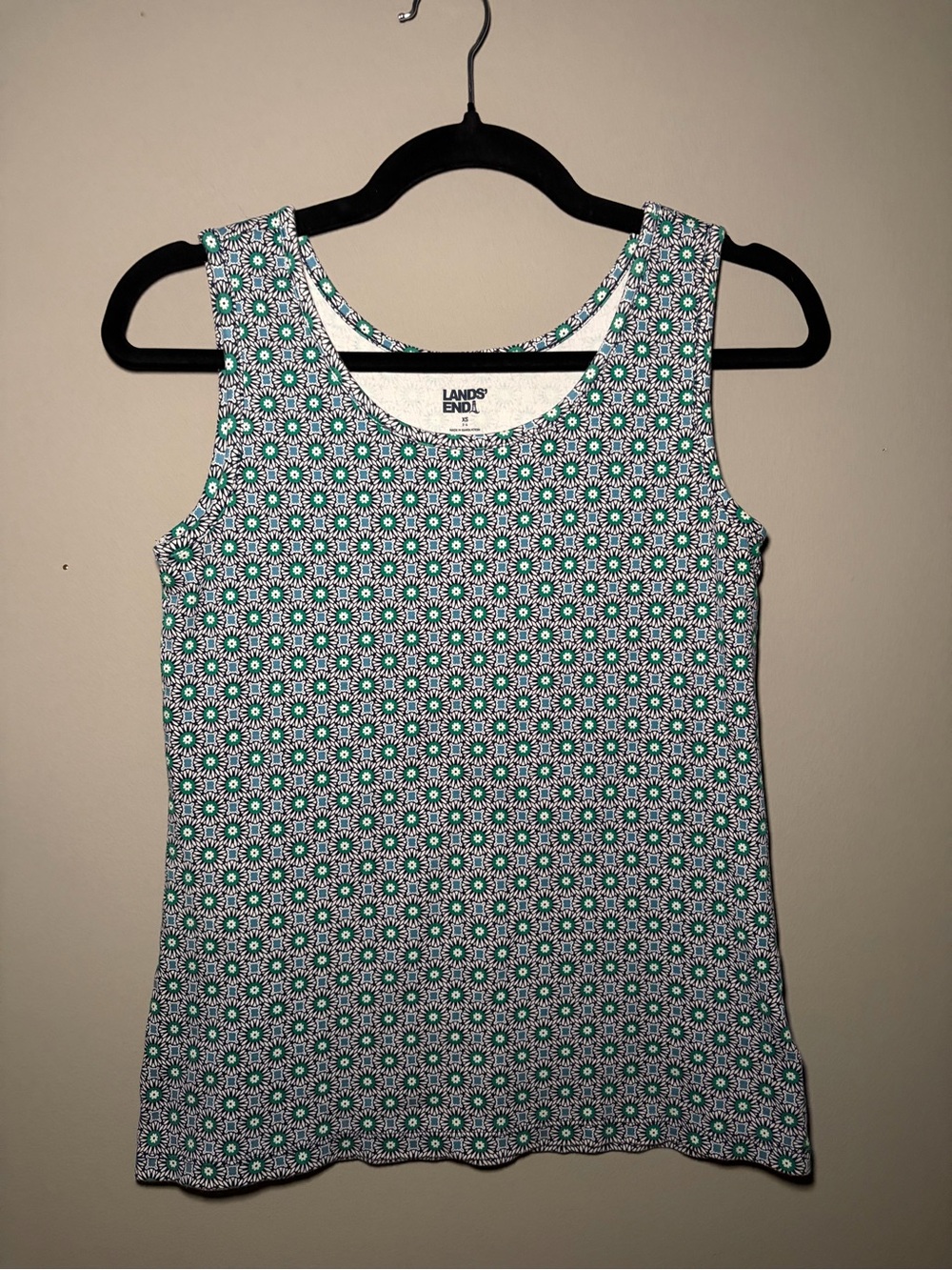 Lands' End Floral Tank Top Women’s XS Green Blue White Geometric Print Cotton